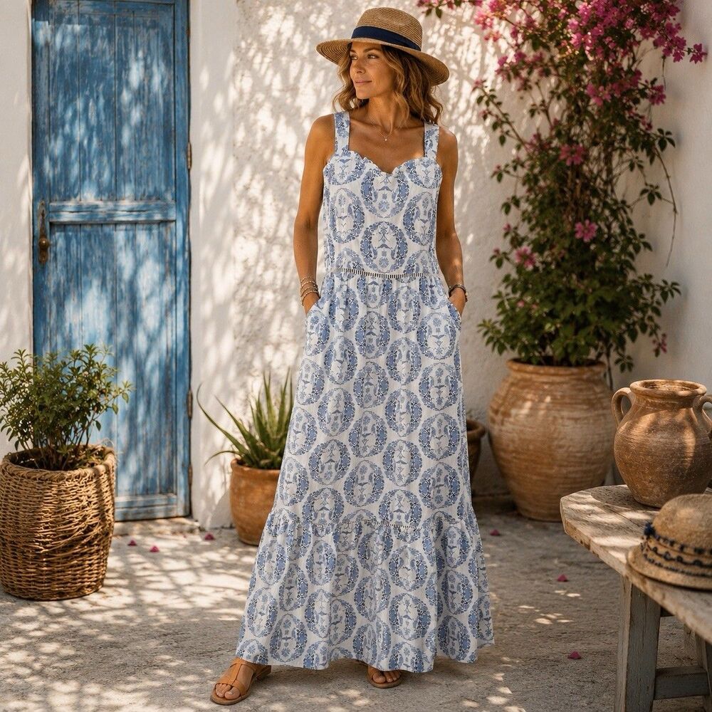 liz claiborne Blue Medallion Birds Tiered Maxi dress 12 Cottagecore